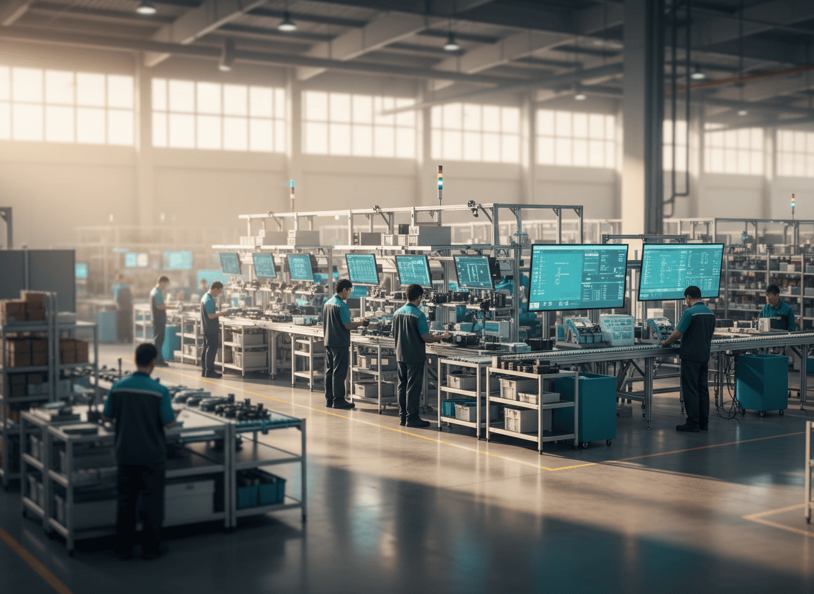 Modern manufacturing facility with production workstations and digital screens